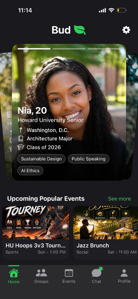 Bud Home screen showing campus profiles and popular events